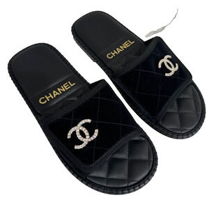 Chanel 23M Black Velvet Crystal CC Logo Hotel Mule Slide Slip On Flat Sandal 40